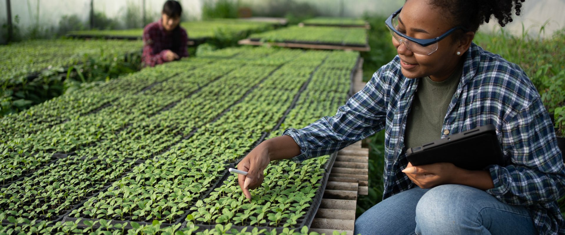 A black female farmer using a tablet smiling friendly at the org